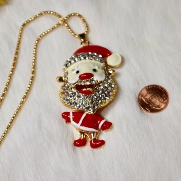 Gold Rhinestone Santa Claus Christmas Necklace Holiday Stocking Stuffer Idea - Picture 4 of 4